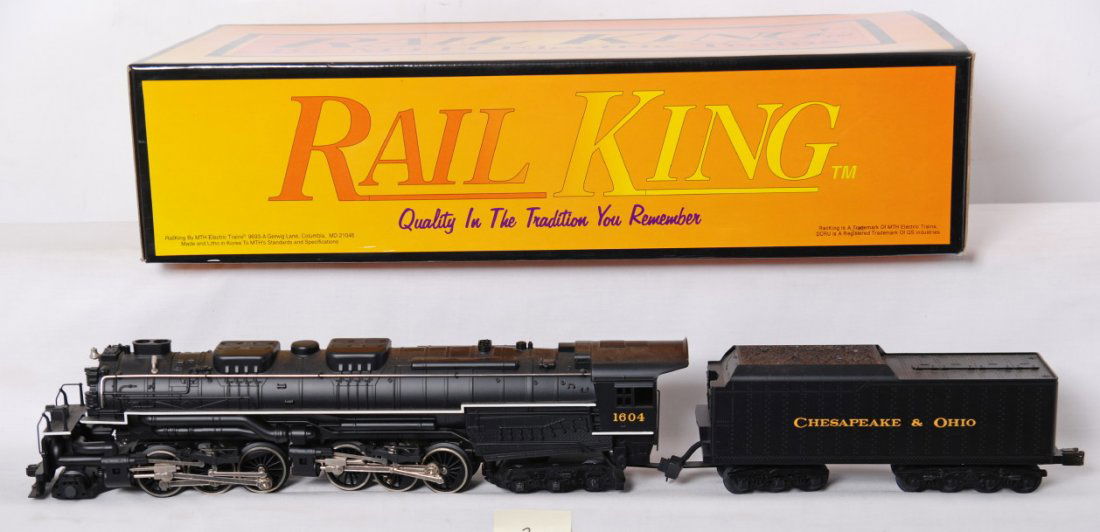 MTH RailKing No. 20-1117LP C&O Allegheny 2-6-6-6: MTH Railking modern O gauge 20-1117LP Chesapeake and Ohio 2-6-6-6 Allegheny steam locomotive in OB. Loco features Protosound, Protosmoke, Protocoupler, and more. Loco is C8+ with very faint signs of r