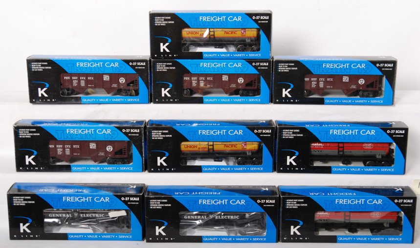 10 K Line Train 19 freight cars, PRR, NYC, GE, etc: K Line modern O gauge freight cars in OBs. Ten Train 19 cars include four 622-1891 Pennsylvania hoppers, two 631-2111 Union Pacific tank cars, two 631-1751 New York Central tank cars, and two 631-8013