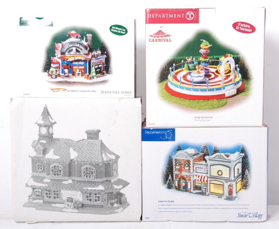 4 Department 56 Snow Village, Carnival, North Pole: Department 56 buildings from Snow Village, Carnival, North Pole. Four buildings include 53803 Twirling Tea cups, 56784 Hot Wheels, 54940 Center for the Arts, and 5438-0 Village Station. Buildings appe