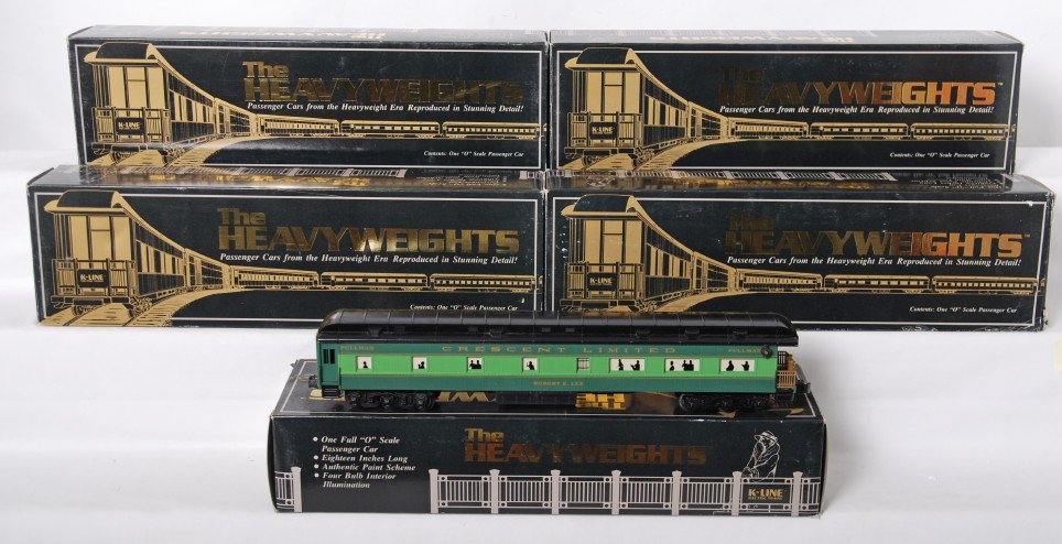 K Line Southern Crescent Limited heavyweight set: K Line modern O gauge Southern Crescent Limited heavyweight passenger set in OBs. Five cars include 0001 coach, 0002 coach, 0420 REA baggage, 3158 diner, and 0003 observation. Cars are C8, observation