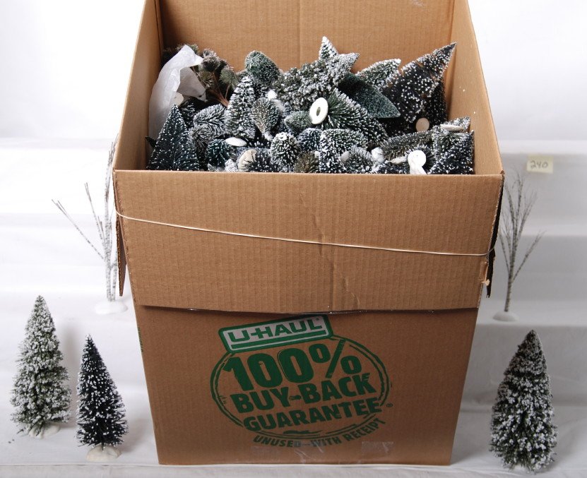 Large box of trees: Large box ( 4.5 cubic feet) of trees. I would guess maybe 100+. Most are Department 56 evergreens. See photos for best description. We can ship, but will be oversize.