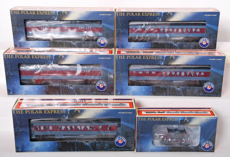 6 Lionel Polar Express cars 28425, 25135, 25186, e: Lionel modern O gauge Polar Express passenger cars and hand car in OBs. Includes 28425 elf hand car, two 25134 diner cars, 25135 baggage cars, and 25186 hot chocolate car. Cars are C8 to C10.