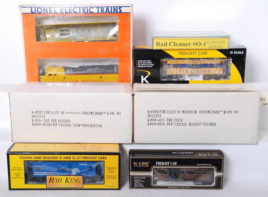 K Line, Lionel, Centerline trains and more: Modern O gauge trains. Mixed lot includes Centerline track cleaning car, Lionel 8480 Union Pacific F-3 A-A shells, K Line 612-4461 Virginian caboose, Railking 30-7717 Conrail caboose, K Line Pennsylva
