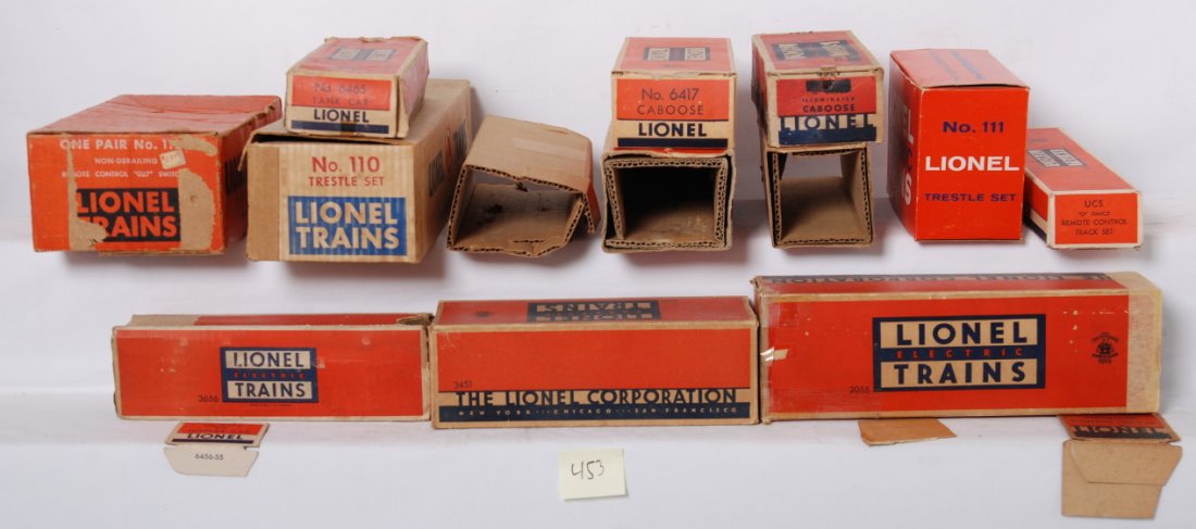 Lionel boxes 6357, 671, 2055, etc: Lionel empty postwar boxes including 6357, 6417, 1122, 3451, 6465, 671, 2055, 3459, 3656, 110. Two boxes with contents included are a nice 111 trestle set and UCS track with original wrap. See photos