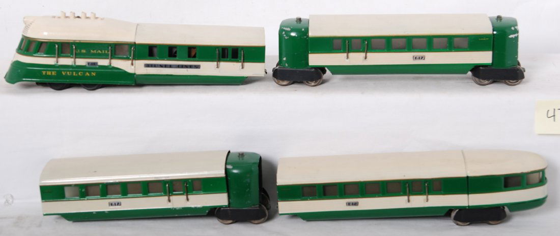 Lionel custom Southern Flying Yankee: Lionel prewar O gauge custom painted Southern Flying Yankee train set. Includes powered unit, two coaches, and observation car. Trains are custom painted C6-7. See photos for best description.