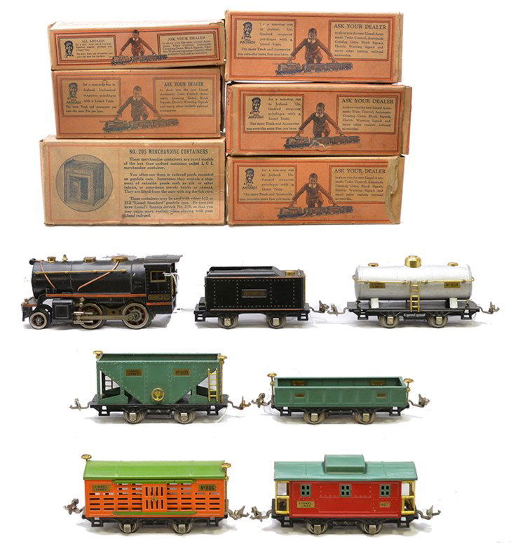Lionel Set 233 258 257T 902 803 804 806 807 OB: Lionel prewar O gauge freight set no. 233, circa 1930 in individual OBs except for the tank including; 258 black 2-4-0 steam loco and 257T tender both with orange striping, 902 peacock gondola, 803 pe