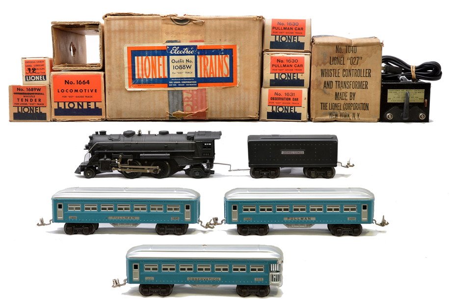 Lionel Prewar Blue Passenger Set no. 1088W LN OB: Lionel prewar O gauge blue passenger set no. 1088W in individual OBs and set box containing; 1664 black 2-4-2 steam loco with original cardboard inserts, 1689W tender, two 1630 Pullmans,1631 observati
