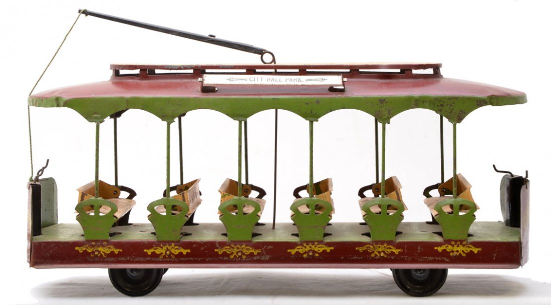 Morton Converse Co. Open Summer Trolley 701: Morton Converse Co. Open Summer Trolley floor toy no. 701, circa 1902-05. The rotating destination boards are City Hall Park and Union Depot. Trolley is stamped City Hall Park 175 on each end. The tro
