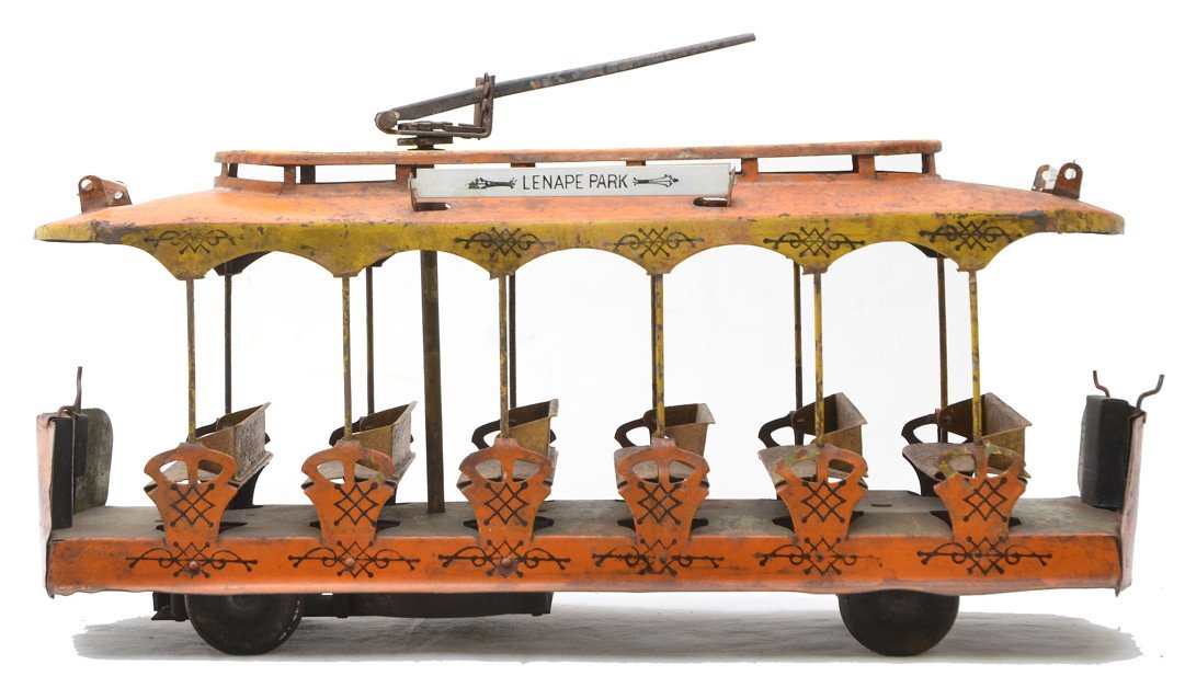 Morton Converse Open Trolly Wind Up Floor Toy: Morton Converse Co. open Summer trolley floor toy. This is the version with a wind up motor that is wound by rotating the trolley pole. Trolley is stamped City Hall Park 175 on each end. Destination b