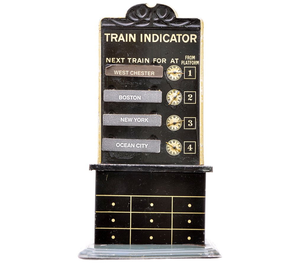 Bing Litho Train Indicator Board w/Tin Signs: Bing lithographed Train Indicator Board mounted on a stand with eight tin signs for West Chester, Boston, New York, Ocean City, Ainsworth, Chicago, Forest Hill and Paoli. All of the signs are reproduc