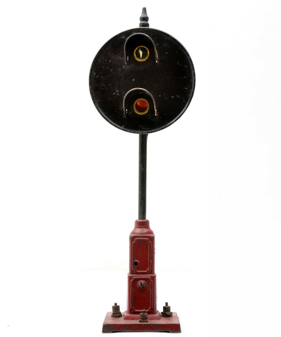 Ives 331 Target Signal w/Maroon Cast Iron Base: Ives prewar 331 target signal with a maroon painted two piece cast iron base, circa 1930, C6.