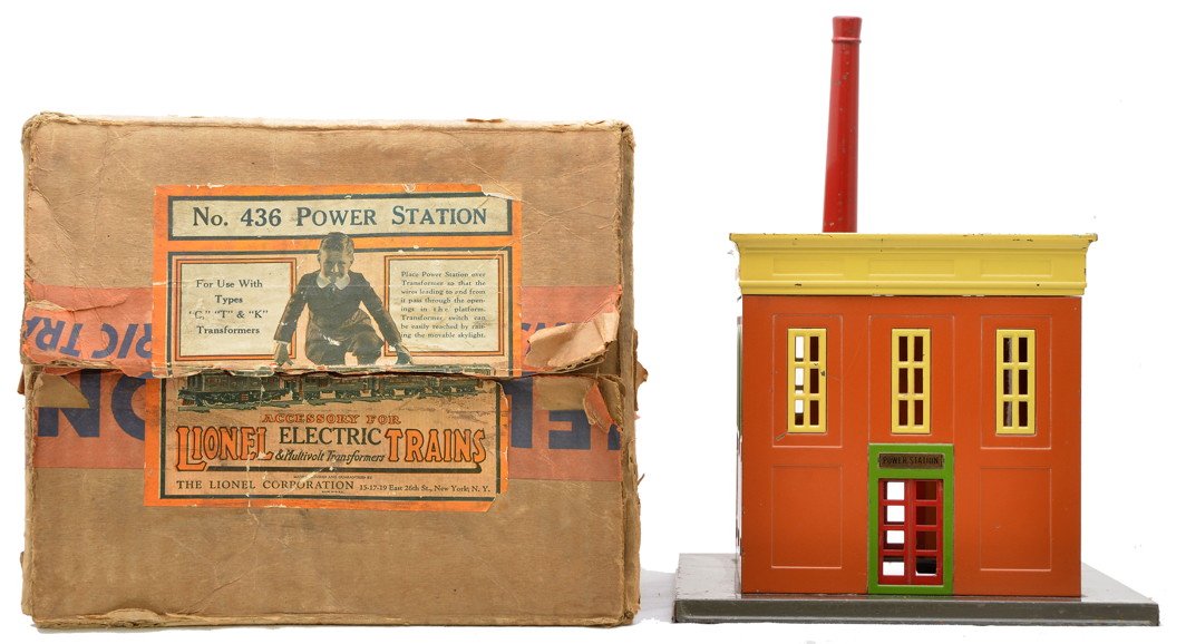Lionel Prewar Std. Ga. 436 Power Station Boxed: Lionel prewar standard gauge 436 power station with gray base, terra cotta walls, cream cornice and window inserts, pea green skylight, door and window frames and a red chimney in OB. The station is C