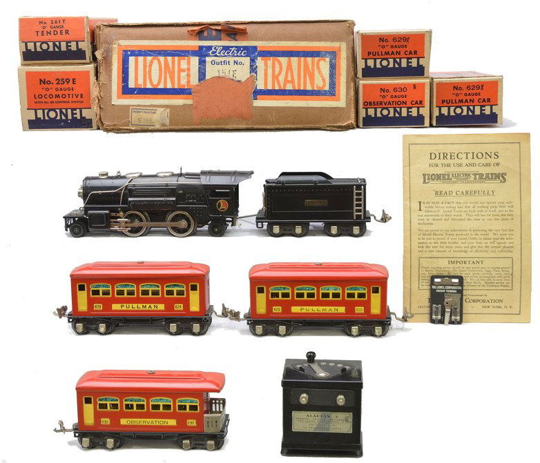 Lionel Sears Red Passenger Set no. 5155 LN OB: Lionel prewar O gauge Sears red passenger set no. 5155 in individual OBs and set box containing; 259E black 2-4-2 steam loco, 261T tender, two 629X Pullmans, 630X observation, Aladdin U 50-watt transf