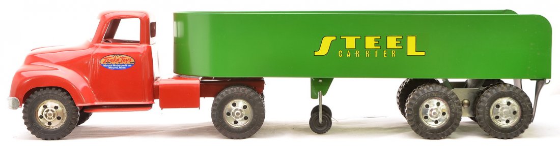 Tonka Toys Mound Metalcraft Steel Carrier Truck: Tonka Toys by Mound Metalcraft Inc. of Mound Minn. pressed steel Steel Carrier tractor trailer truck. The truck has been professionally restored to look like new.