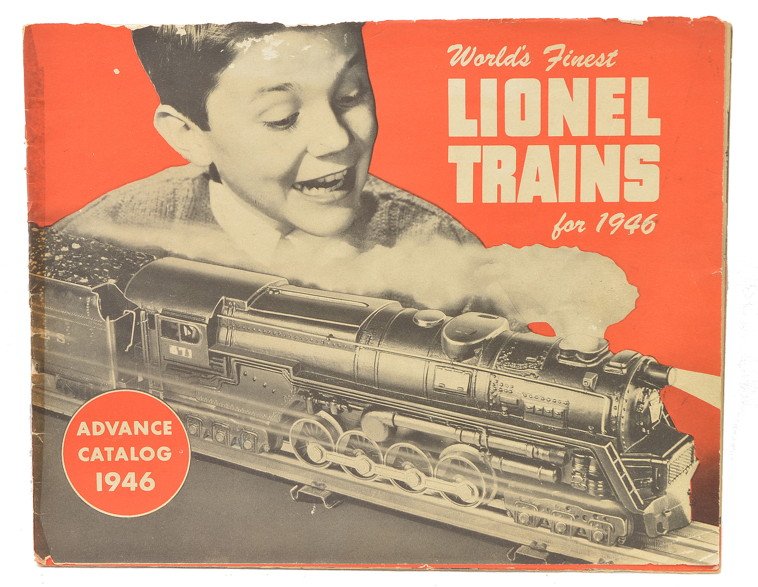 Lionel Postwar Original 1946 Advance Catalog: Lionel postwar original 1946 Advance Catalog. The catalog has pencil writing inside and shows some wear around the edges.