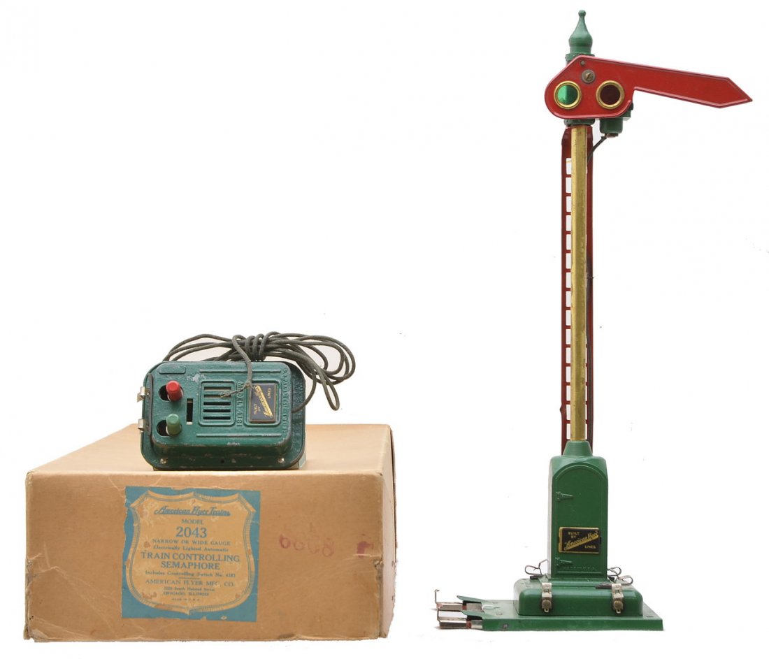 Am Flyer 2043 Train Controlling Semaphore OB: American Flyer prewar narrow or wide gauge 2043 train controlling semaphore with a 4181 die cast controller in OB. The red ladder has a couple of small paint chips and base has a couple of tiny nicks 