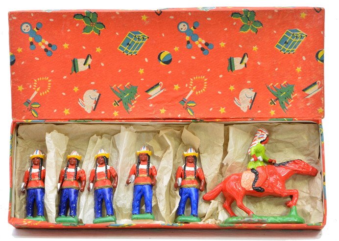 Japanese Ceramic Indian Figures MINT Boxed: Japanese prewar hand painted ceramic Indian figures in original box containing five figures with hatchets and one on a horse. Figures are factory new, C10. The OB is clean with no split corners.