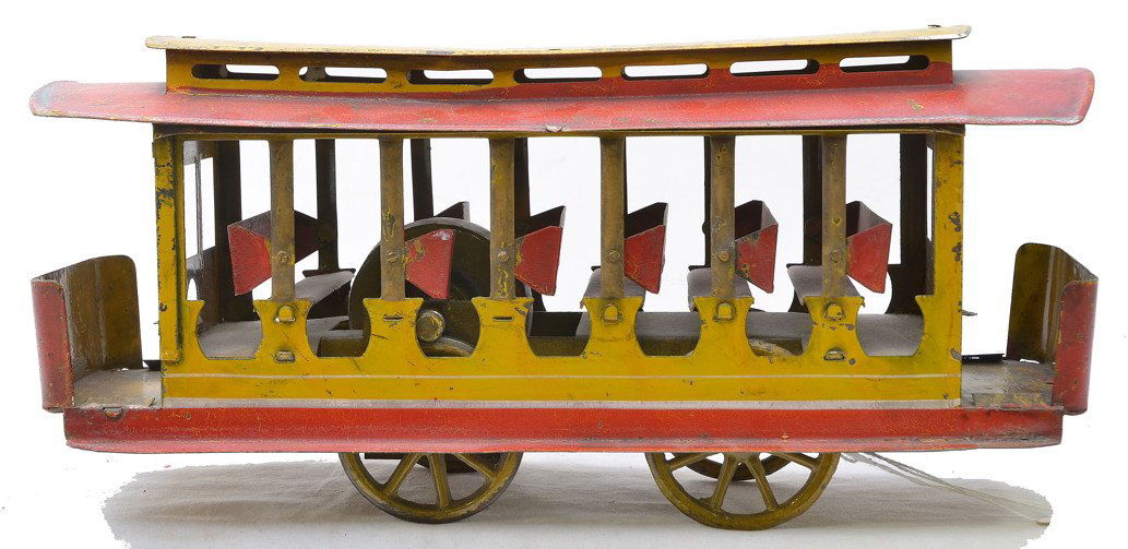 D.P. Clark Tinplate Self Propelled Summer Trolley: D.P. Clark of Dayton, Ohio tinplate self propelled Summer trolley, circa 1904-14. Trolley is C4-5.