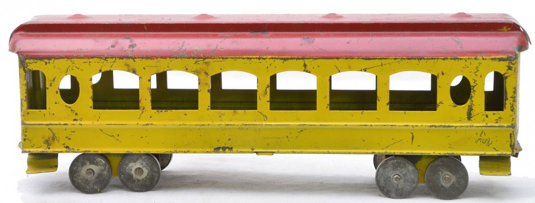 Buffalo Toy Works Yellow 8-Wheel Coach: Buffalo Toy Works, Buffalo, NY (Pratt & Letchworth) yellow eight-wheel coach with red roof that measures 10 1/2 inches in length, circa 1896, C5. This coach was from the Rick Ralston collection.