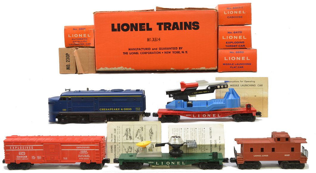 Lionel Promo Freight Set X634 for Arkwright OB: Lionel postwar promotional freight set no. X634 for Arkwright, circa 1961 in individual OBs and set box containing; 230P Chesapeake & Ohio Alco A diesel unit, 3510 automatic satellite launching car, 6