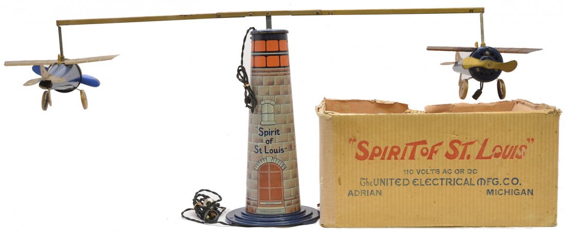 Spirit of St. Louis Airplane Set United Elec. Mfg: Spirit of St. Louis made by The United Electrical Mfg. Co. of Adrian, Michigan in OB that has original inserts. The Spirit of St. Louis includes a lithographed pylon with a powered airplane with a gol