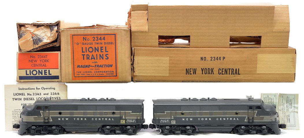 Lionel 2344P/T NYC F3 AA Diesel Units LN OBs: Lionel postwar 2344P/2344T New York Central F3 AA diesel units with instruction sheet and two inspection tags in individual OBs that have original cardboard inserts and paper wrap and master carton. T
