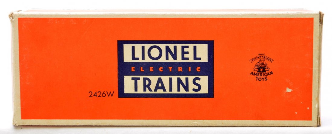 Lionel Postwar Original Box ONLY 2426W Tender: Lionel postwar original box only for a 2426W tender, the 1950 version. All flaps are attached with tape repair. The OB is bright and clean.