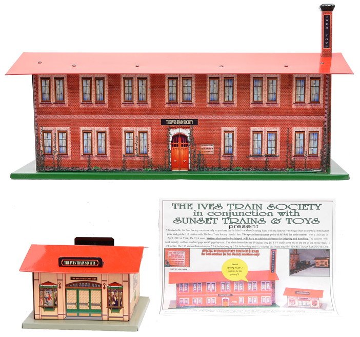 Sunset Trains & Toys Tin Litho Ives Plant Station: Sunset Trains and Toys tin lithographed Ives manufacturing plant and 113 station limited offer for the Ives Train Society members. These stations can work with O or wide gauge. The buildings are C10.
