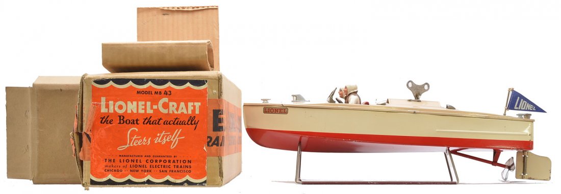 Lionel-Craft No. 43 Pleasure Craft w/Stand OB: Lionel-Craft prewar no. 43 clockwork pleasure craft with figures, key and stand in OB that has original cardboard inserts. Boat has one small spot of corrosion on the top of the deck on the front, oth