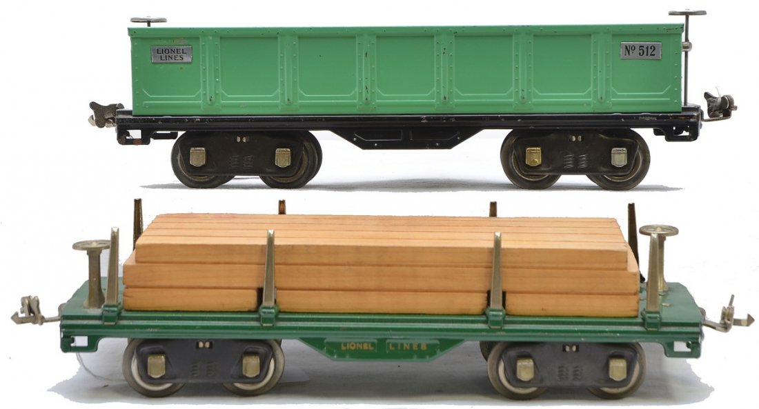 Lionel 511 Dk Green Flat w/Wood 512 Green Gondola: Lionel prewar standard gauge 511 dark green flatcar with wood load and a 512 45N green gondola both with nickel trim and journals. The 511 is C7-8 and the 512 is C7.