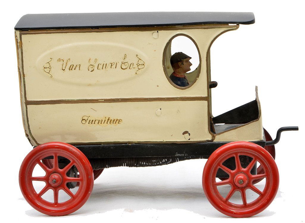 Lindstom Wind up Van Sciver Co. Delivery Van: Lindstrom of Bridgeport, Connecticut wind up furniture delivery van with Van Sciver Co. lettered on the sides. Furniture van has a spring loaded wind up motor with crank. J.B. Sciver was a premium bra