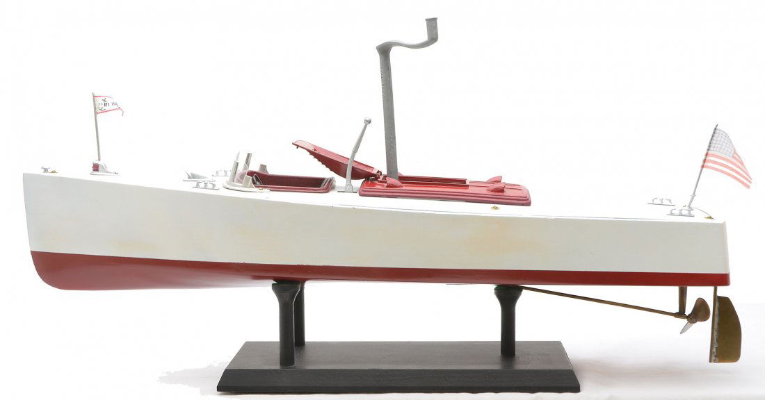 Orkin Fleet Wooden Wind Up Cabin Cruiser: Orkin Craft scale model wooden wind up motor boat with crank. The boat is white and red and has been restored to look like new.