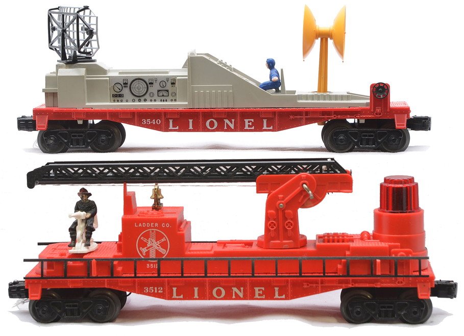 Lionel 3540 Radar Car 3512 Fireman/Ladder Car: Lionel postwar 3540 operating radar car and a 3512 fireman and ladder car with a black extension ladder. One of the supports holding the ladder is broken, otherwise cars are C8.
