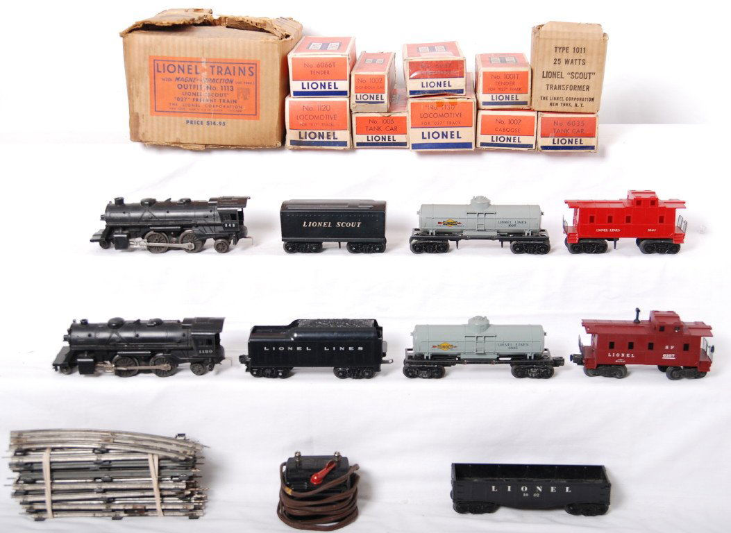 Lionel 1120, 1001T, 242, 6066T, freight, set box...: Postwar Lionel O gauge steam locos, tenders, freight, inner boxes, set box, track, and transformer. 1120 loco, 1001T tender, 1002 gondola, 1005 Sunoco, 1007 caboose, 242 loco (missing pilot), 6066T te