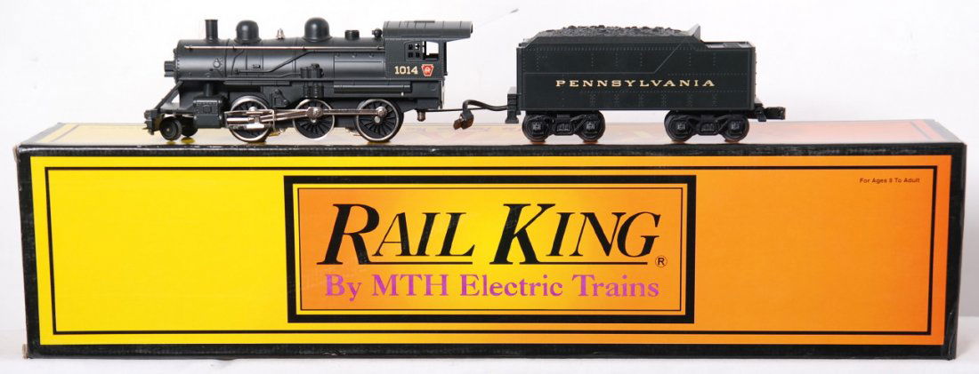 Railking Pennsylvania 2-6-0 with Protosound: MTH Railking modern O gauge 30-1148-1 Pennsylvania 2-6-0 steam locomotive in OB. Loco features Protosound, Protosmoke, Protocoupler, and more. Loco is C8 with run time. Box has some very light wear.