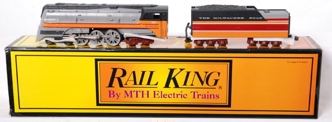 Railking Hiawatha locomotive with Proto: MTH Railking modern O gauge Milwaukee Road Hiawatha 30-1127-1 steam locomotive in OB. Loco features Protosound, Protosmoke, Protocoupler, and more. Loco is C8 with run time.