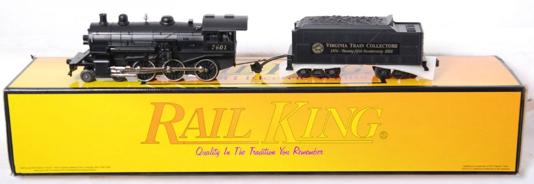 Railking Virginia Train Collectors 4-6-0: MTH Railking modern O gauge 7601 Virginia Train Collectors 4-6-0 steam locomotive. Loco features smoke, whistle, and more. C8 with run time. OB has some light wear and ripped label.