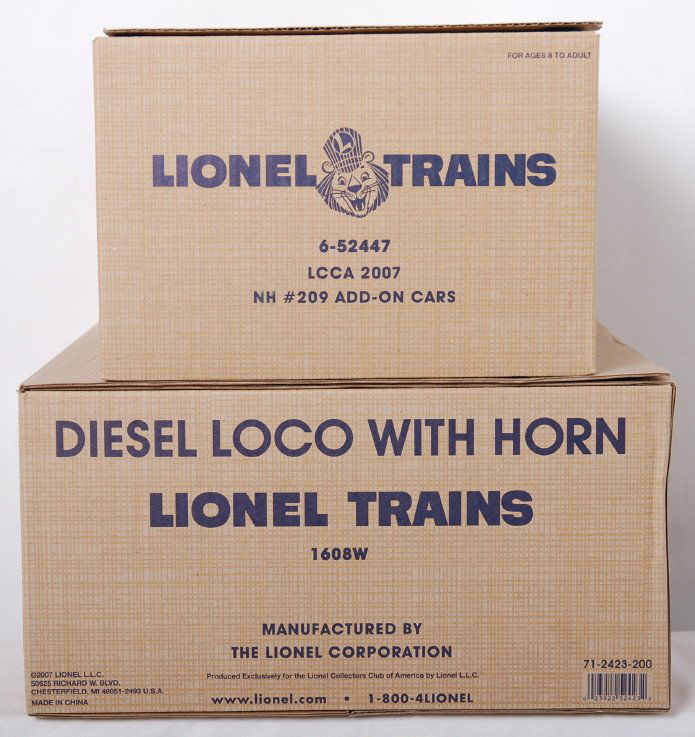 Lionel 52423 1608W LCCA 2007 N.H. pass. set: Lionel modern O gauge 52423 1608W Lionel Collectors Club of America 2007 New Haven Alco passenger set original box. 52447 LCCA 2007 NH #209 add-on cars. Included are 209 New Haven Alco A units, 52467