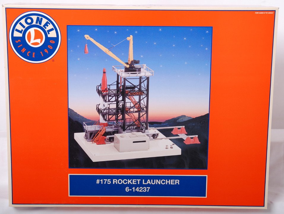 Lionel 14237 #175 rocket launcher: Lionel modern O Gauge 14237 #175 rocket launcher. Launcher features smoke and lights. Launcher is C10 sealed in the inner carton.