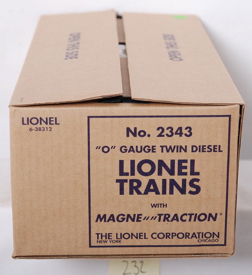 Lionel 38312 2343 Santa Fe F-3 A-A: Lionel modern O gauge conventional classics 38312 Santa Fe 2343 F-3 A-A pair in OBs. Locos are factory wrapped in boxes. Set box has started to split at one glue seam.