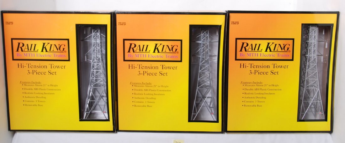 3 Railking Hi - Tension tower sets: MTH Railking modern O gauge Hi-Tension tower sets in OBs. Three 30-1056 sets C9-10.
