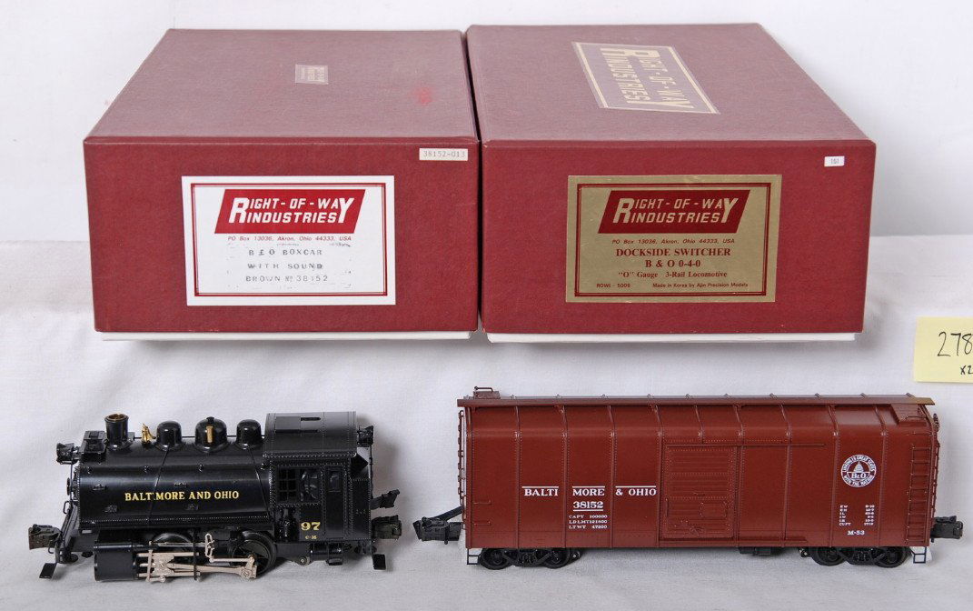Right of Way B&O 0-4-0 and sound boxcar: Right of Way modern O gauge brass B&O 0-4-0T saddle tanker in OB. Loco has brass body construction and is C8-9 with very light run time. Also included is 38152 B&O round top boxcar with sound. Boxcar