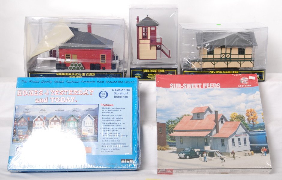 5 Weaver, Cornerstone, and IHC buildings: Weaver, Walthers, and IHC O Gauge buildings. Weaver buildings include G1953B switch tower, G1965 gas and oil station, G1956A Pennsylvania baggage room. IHC building is 300-14 2nd Hand Rose house and W