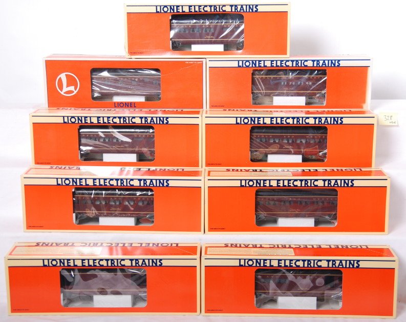 Lionel Norfolk and Western 9 aluminum pass cars: Lionel modern O Gauge Norfolk and Western Aluminum Passenger Car Set Including: 19140 Combo Car, two 19141 Diner Cars, 19142 Passenger Car, 19143 Passenger Car, 19139 Baggage Car, 19144 Observation Ca
