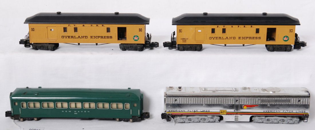 American Flyer 471 B unit, 30, 30, 650 passenger c: Postwar American Flyer S gauge 471 Santa Fe Alco PB-1 diesel locomotive, C6. Two 24730 F.Y.&P.R.R. baggage cars, C6-7. 650 New Haven passenger coach, C6.