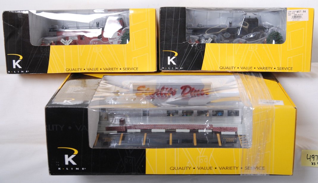 3 K Line accessories diner and two yard offices: K Line modern O gauge accessories in OBs. Includes 42404 Starlight diner, 424012 Santa Fe yard office, and 42401 New York Central yard office. C9-10. OBs do have some wear.