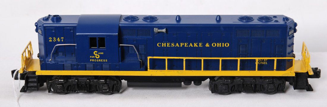 Lionel 2347 Chesapeake and Ohio GP from Sears set: Tough postwar Lionel O gauge 2347 Chesapeake and Ohio GP from Sears set. Cab is C8, frame is better than most but still has some touchups and nicks.
