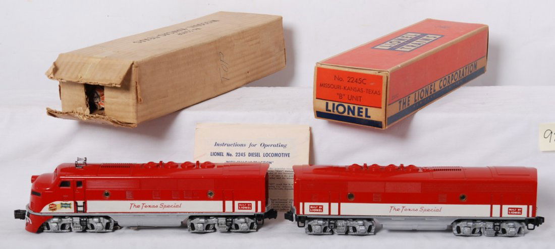 Lionel 2245P and 2245C MKT The Texas Special in OB: Postwar Lionel O gauge 2245P and 2245C MKT The Texas Special F3 diesel A-B units in original boxes with inserts, one wrap, and instructions sheet, C8-9. Boxes are C8++ area.