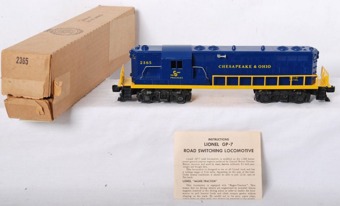 Lionel 2365 Chesapeake and Ohio GP-7 diesel in OB: Postwar Lionel O gauge No. 2365 Chesapeake and Ohio GP-7 diesel road switcher locomotive in original box with instructions sheet, touchup above a cab window and restored chassis, C7-8. Box looks C9-10