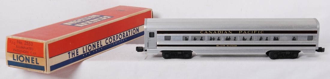 Lionel 2553 Canadian Pacific Blair Manor in OB: Postwar Lionel O gauge 2553 Canadian Pacific illuminated passenger car, Blair Manor. Train should clean and polish to look C7 area. Box is C8-9.